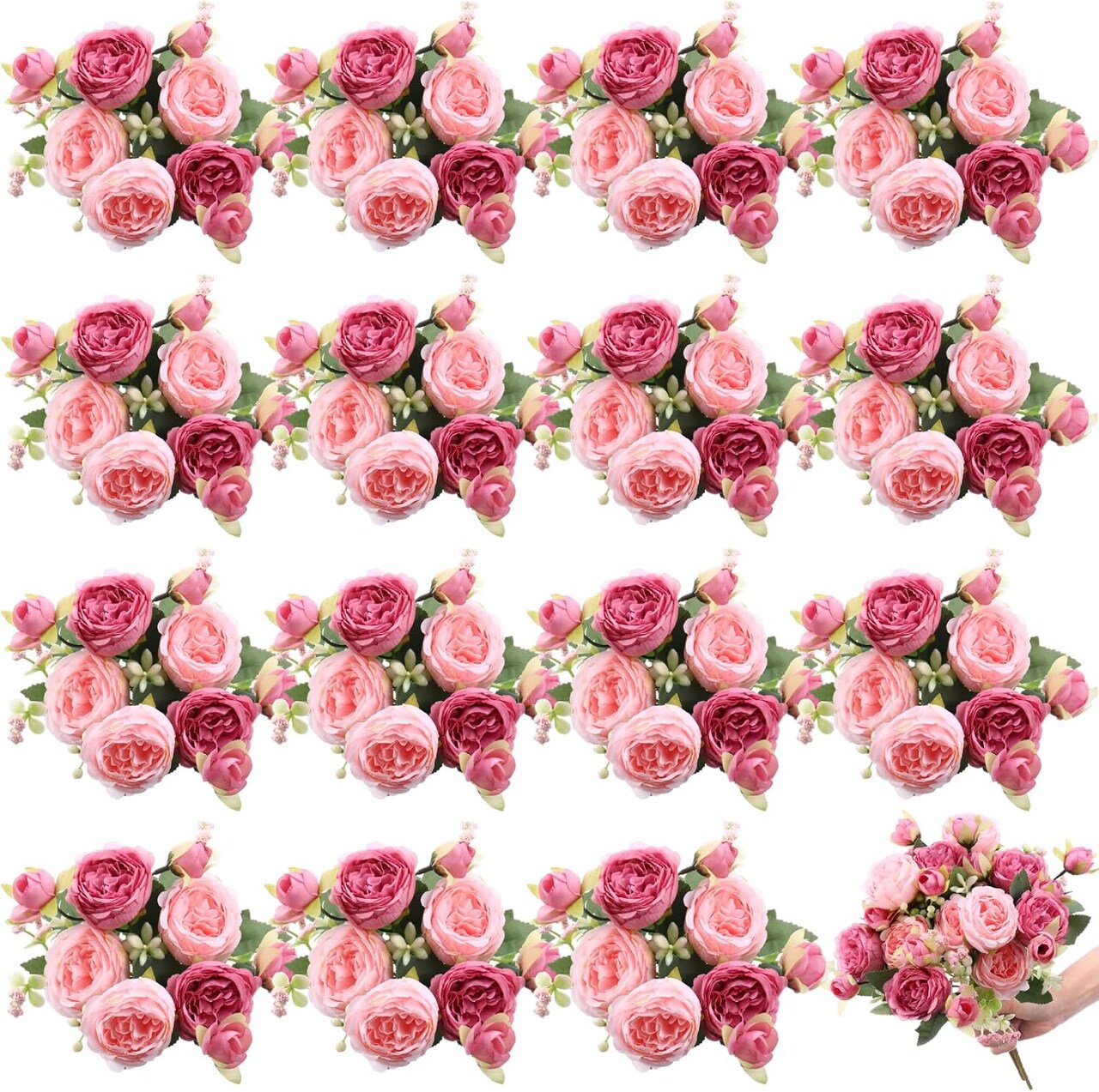 16 Bundles Artificial Silk Peonies – Faux Flower Bouquet for Table Centerpieces, Wedding, Party, Boho Home & Office Décor (Rose Red & Pink)